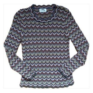 Vintage 1970s Chevron Knit Sweater with Scalloped Edges